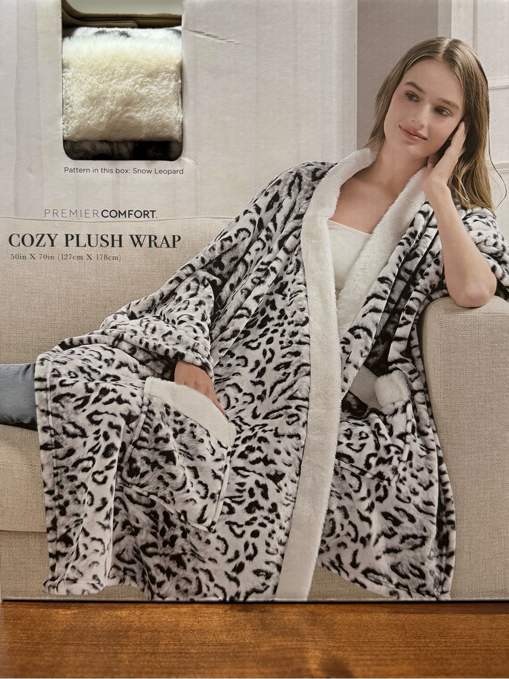 Macy's Cozy Plush Wrap - Snow Leopard Print in White and Gray